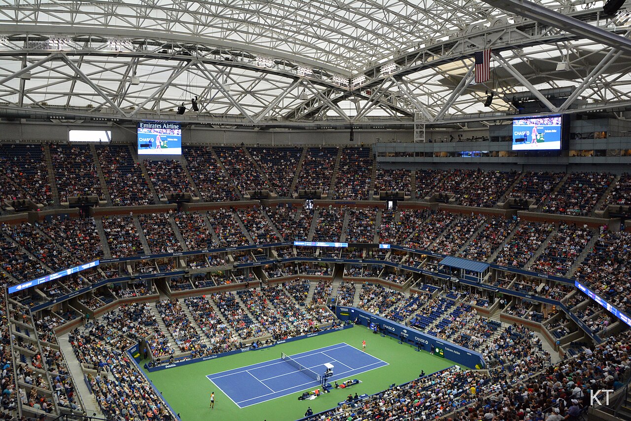 Arthur Ashe Stadium with the retractable roof closed during a US Open night session